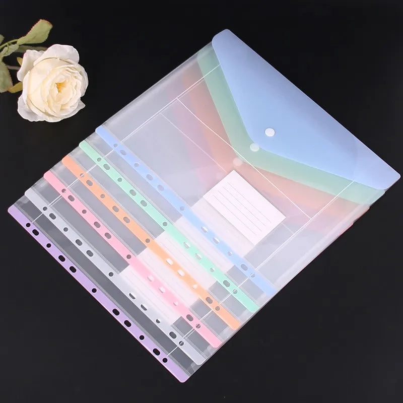 11-hole Loose-leaf File Bag, Transparent 3-hole Folder+6pcs Binder Pockets Document Pouch for Office and School Supply