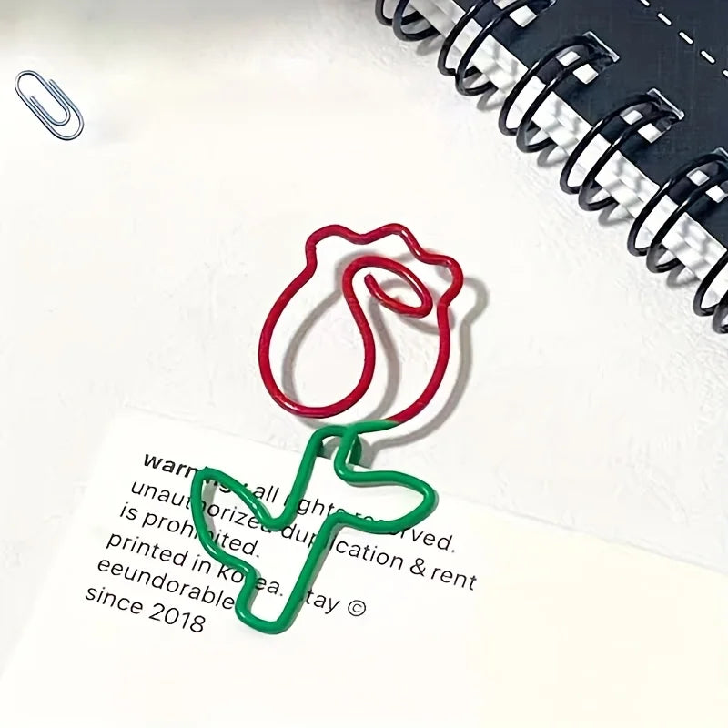 10/20pcs Rose-Shaped Metal Paper Clips Cute Floral Design with Green Leaves Red Flowers Scrapbooking Office School Supplies