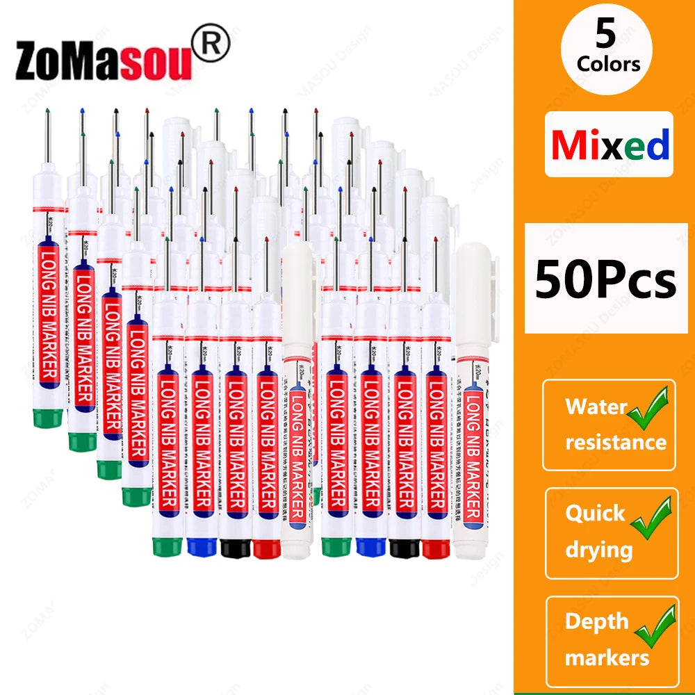 1-90Pcs Waterproof White Long Head Markers Pen 2cm Woodworking Deep Hole Marker Pens Metal Carpenter Black/Red/Blue/Green Ink