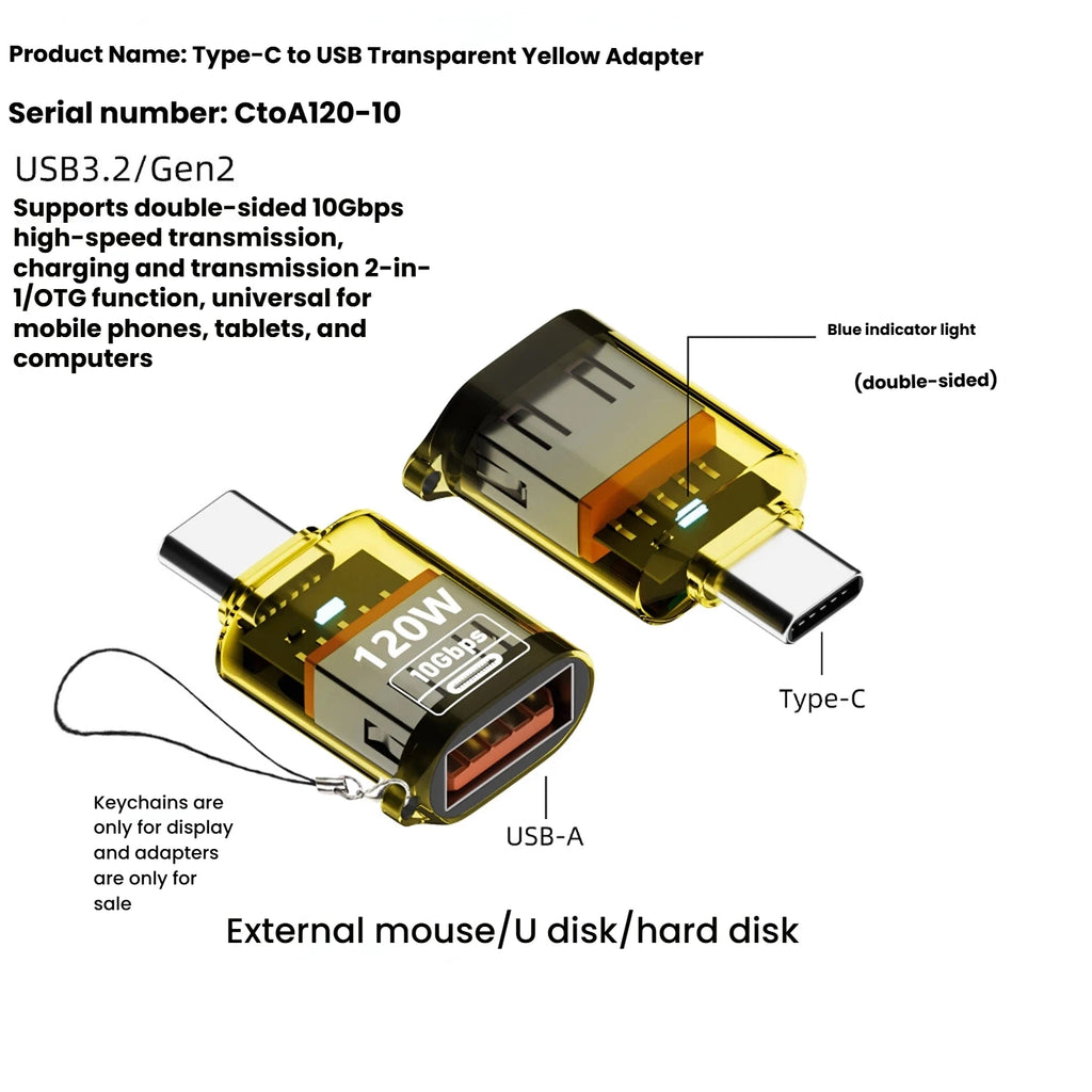 Type C Adapte USB 3.2  OTG Fast Charging 120W 10GB High Speed Data Audio Transfer For PC Tablet