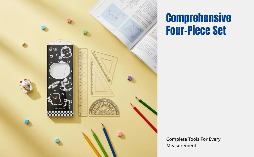 Cartoon Cat Ruler Set, Acrylic Geometry Tools, Student Stationery, Includes Triangle Ruler, Protractor, Straight Ruler, Cute