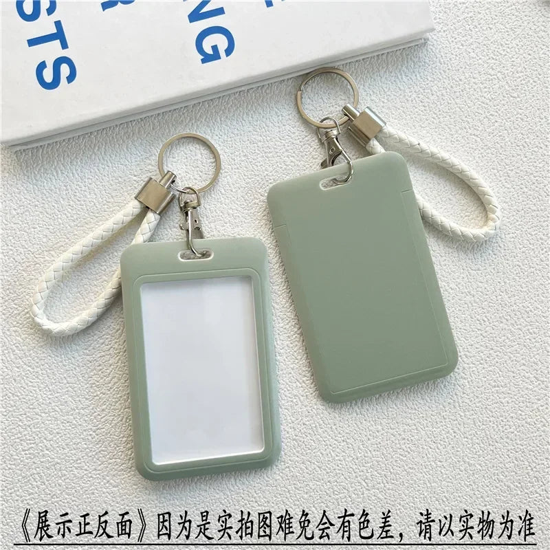 1Pc Solid Color Student Bus ID Card Protective Cover Keyring School Access Door Card Credit Card Holder Bag Set Key Chain