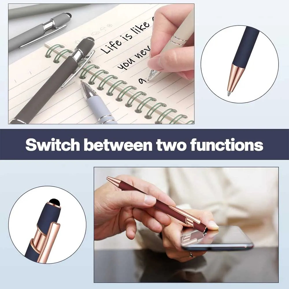 5-10 Pack 2-in-1 Stylus Pen, Retractable Ballpoint Pen w/ Stylus Tip for Touch Screen, Metal, 1.0mm Black Ink