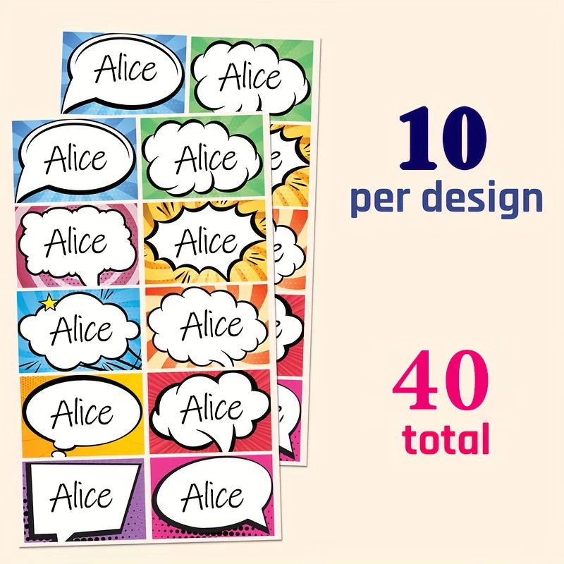 40pcs Custom Name Stickers Comic Style Labels Two Font Options Waterproof Durable Tags for School Supplies Books Bottles