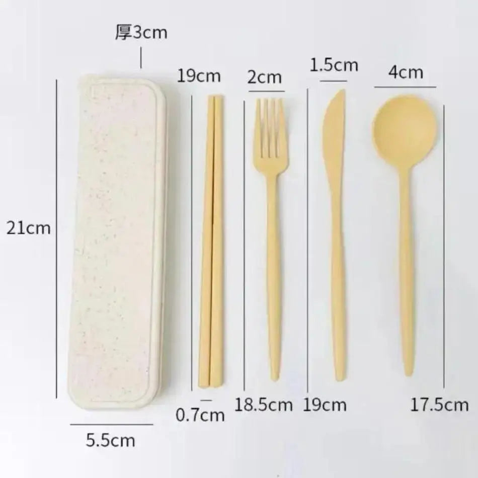 4 Pcs/Set Cutlery Wheat Straw Spoon Fork Chopsticks Box Tableware Portable Dinnerware Accessories Household Fashion Tableware