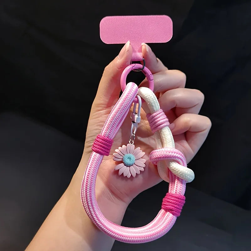 Cute 3D Flowers Adjustable Phone Lanyard Wrist Strap 2-in-1 Short Hand Rope Woven Stylish Mobile Accessory for Men and Women