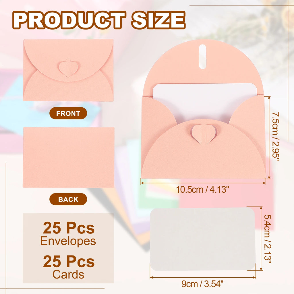 25Sets Mini Envelopes with Heart Clasp 9x5.4cm Blank Note Cards with 10.5x7.5cm Envelopes for Gift Wedding Invitation Graduation