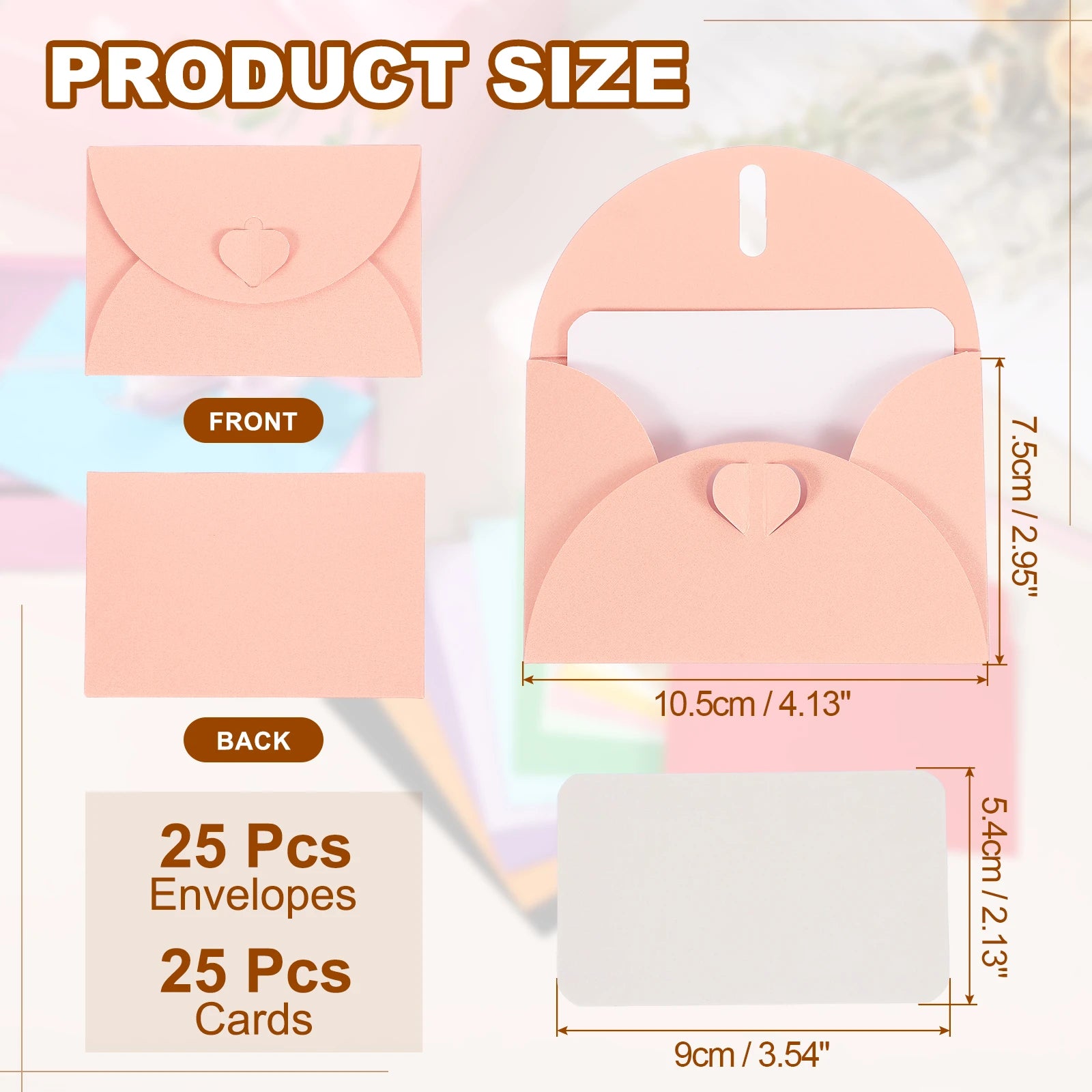 25Sets Mini Envelopes with Heart Clasp 9x5.4cm Blank Note Cards with 10.5x7.5cm Envelopes for Gift Wedding Invitation Graduation