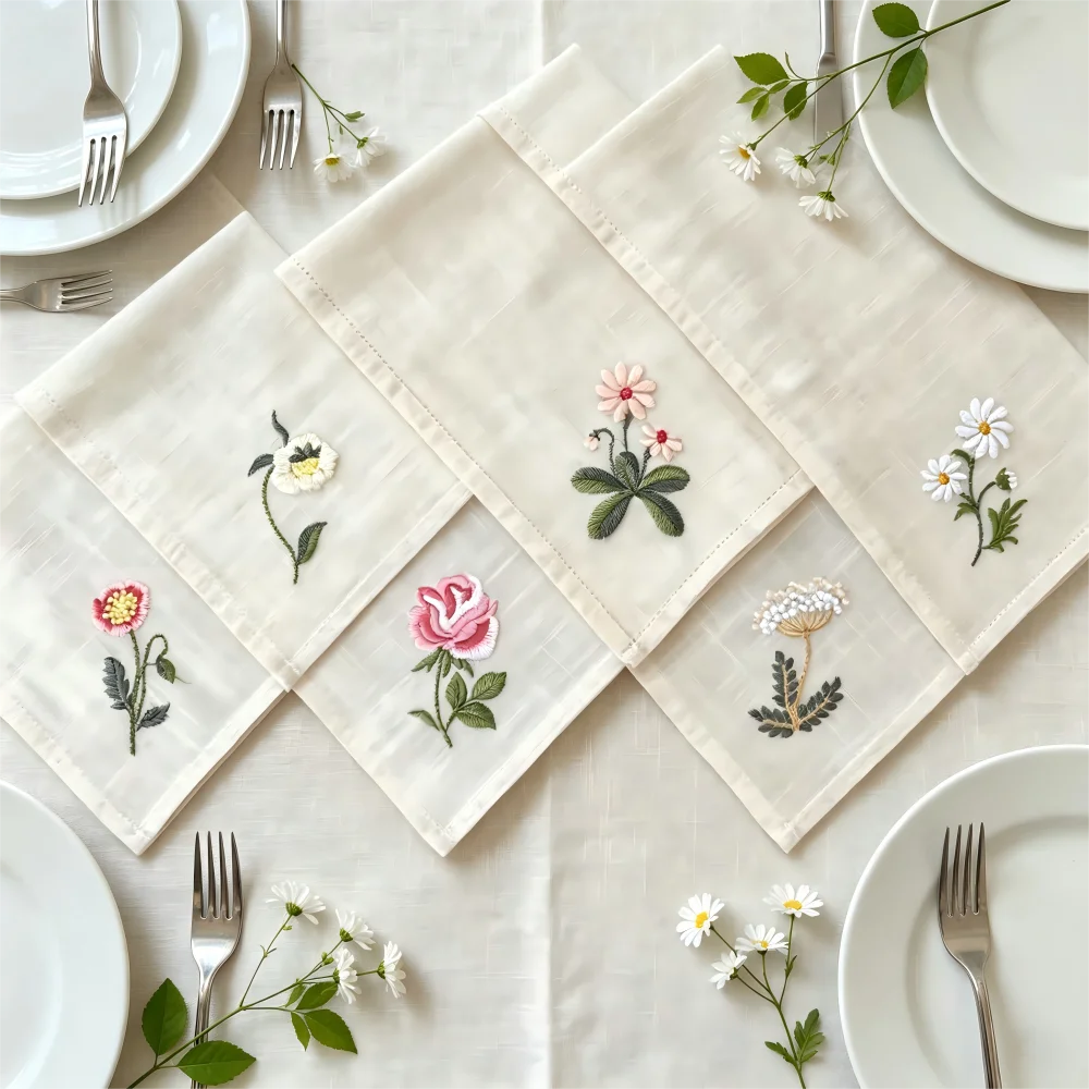Varieties Flower,  Garden Embroidered Linen Look Floral Napkins, Placemats, Table Napkin, Hotel, Airbnb, Gift Restaurant