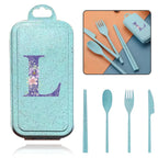 4Pcs Wheat Straw Cutlery Knife Spoon Fork Chopsticks Portable Set Plastic Detachable Dinnerware Purple Flower Letter Pattern