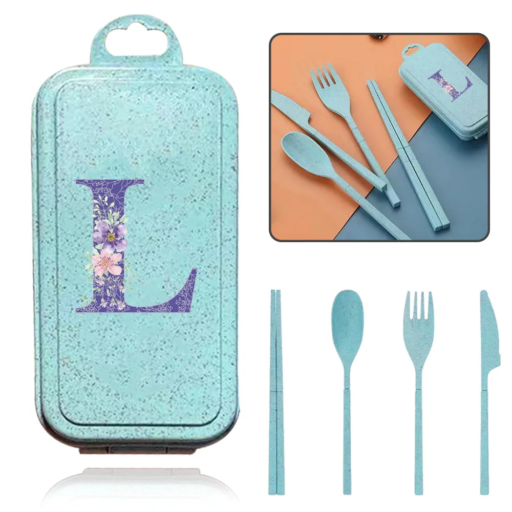 4Pcs Wheat Straw Cutlery Knife Spoon Fork Chopsticks Portable Set Plastic Detachable Dinnerware Purple Flower Letter Pattern