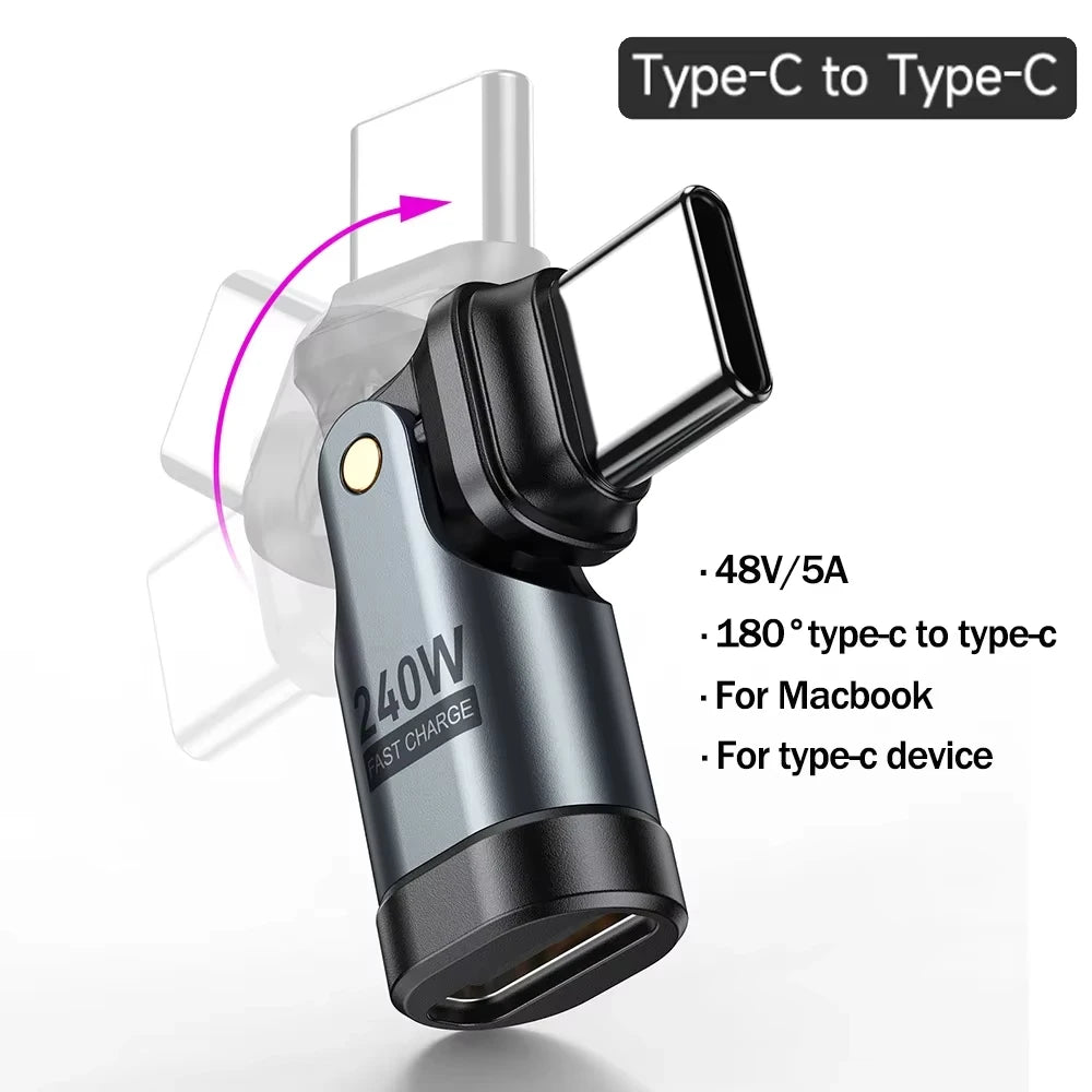 NNBILI 180 Rotation PD240W USB3.1 USBC to Type C OTG Adapter 5A Fast Charge Cable Converter for iPhone 16 MacBook Samsung Xiaomi