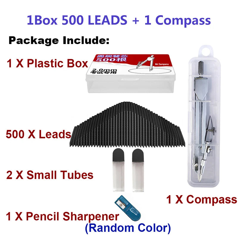 500Pcs/Box COMPASS LEAD REFILLS 2mm 2B HB Black 2.0mm Drawing Draft Pencil Sharpener