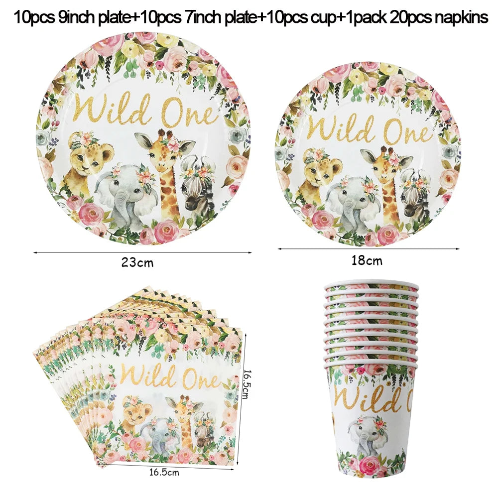 Pink Gold Animal Wild One Birthday Party Tableware Set Forest Decoration One Birthday Jungle Safari Party Supplies