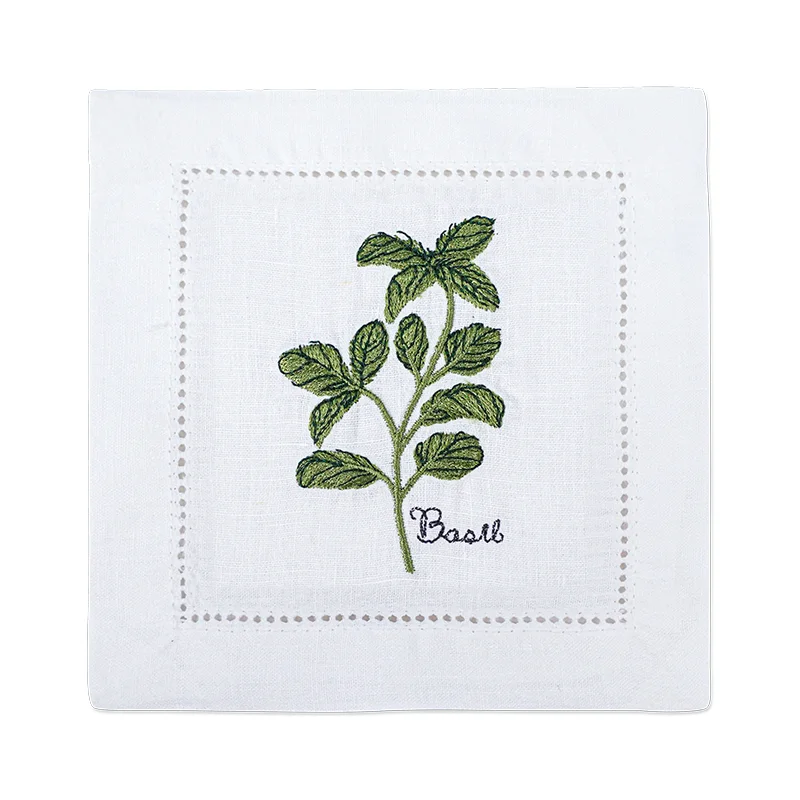 New Embroidered Herb Cocktail Napkin, Pure Linen, Lavender, Rosemary, Mint，Sage，Natural, Elegant, Tea Napkin, 15x15cm,