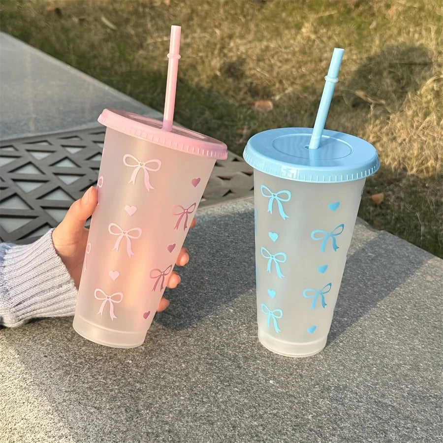 2/20pcs 24oz Reusable Party Cups with Straw & Lid Cute Bow Plastic Tumblers for Cold Drinks Home Office Outdoor Use Summer Gift
