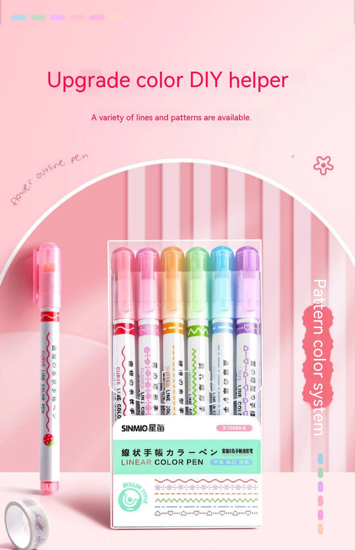 Kawaii Flowers Line Shaped Highlighter Pens, Roller Tip, Curve Liner, Marker for Writing, Journaling,Drawing Stationery, 6Pc Set