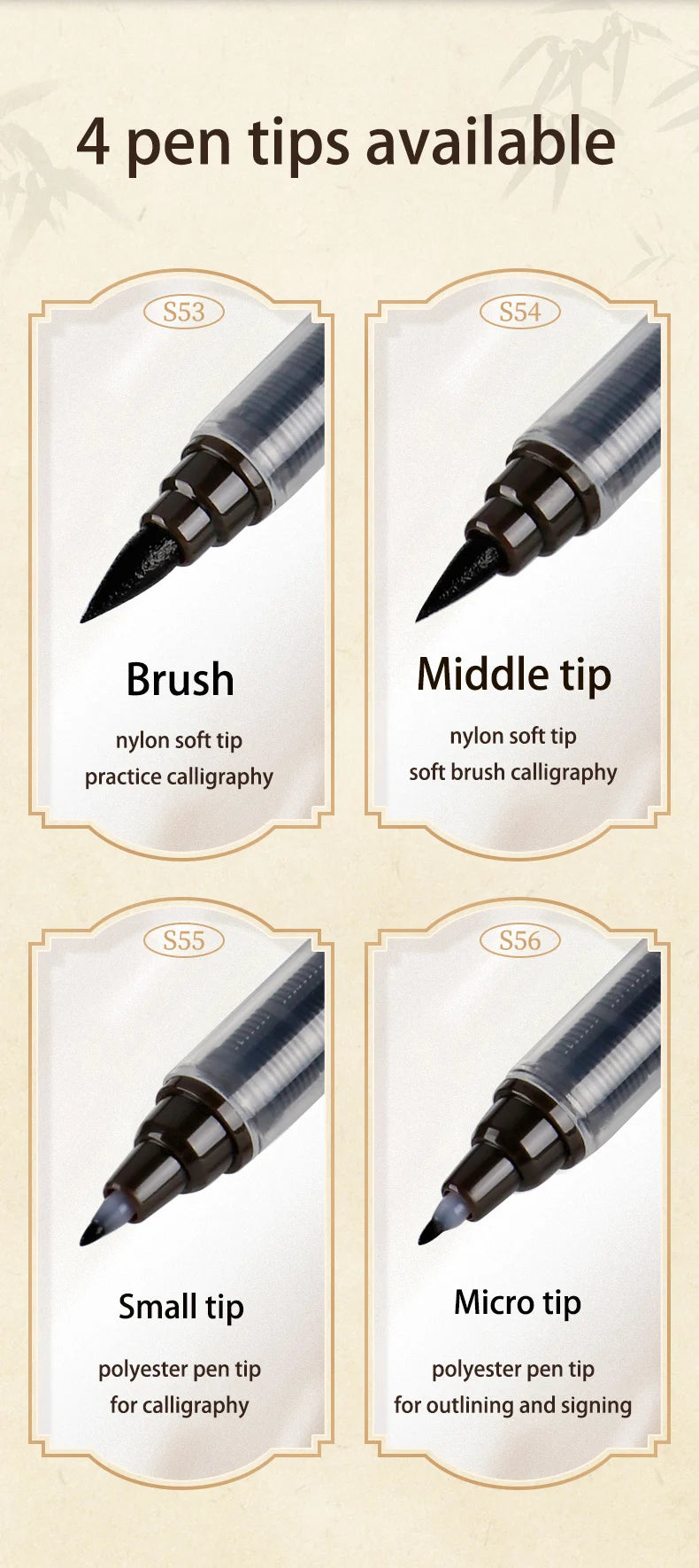 BAOKE S010 Liquid Calligraphy Pen Set 4 Tips Waterproof Pigment Ink Calligraphy Brush Pen
