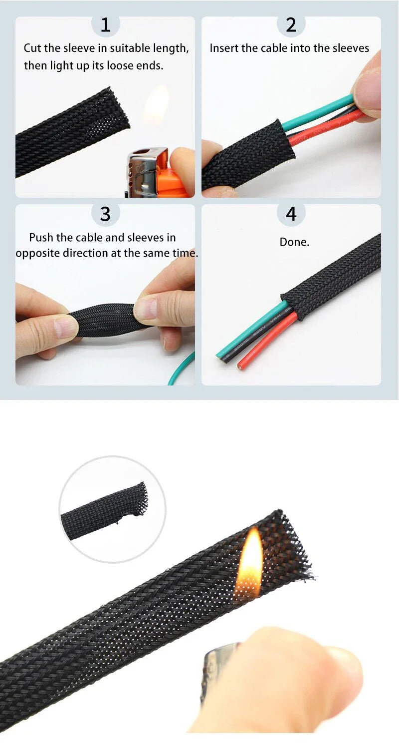 1~50m PET Braid Sleeves Black 2/4/6/8/10/12/14/16/20/25/30/35/40/50/60mm High Density Insulated Snake Skin Cable Wrap Sheath