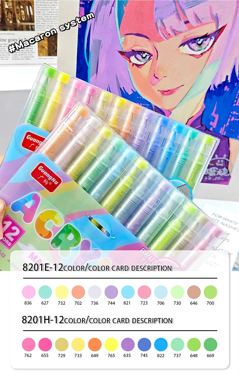 GuangNa 12-72 Colors Soft Brush Acrylic Marker Pen Set,Skin Tone, Macaron color,DIY Hand Drawn,Paint Art Markers pens,GN.8201F/M