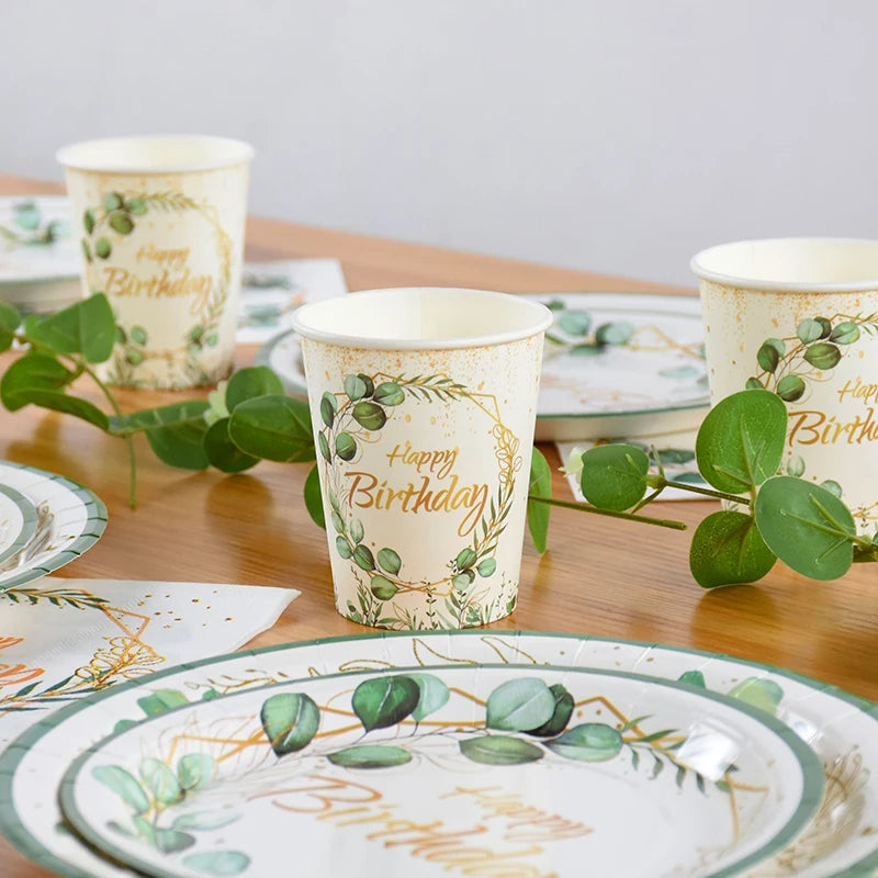 Green Eucalyptus Leaf Disposable Tableware Paper Plate Cup Napkin Banner Kids Adult Happy Birthday Birthday Party Decor Supplies