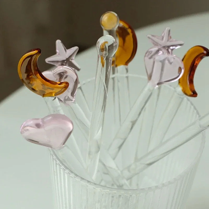 Glass Stirring Rod Moon Star Shape Stir Bar Coffee Cocktail Mixing Sticks Home Party Transparent Aesthetic Cocktail Muddler