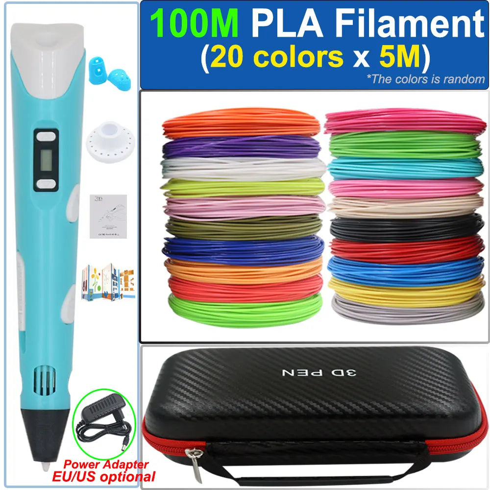 Children's 3D Pen 3D Drawing Printing Pen with LCD Screen Power Adapter 200M PLA Filament Toy Kids Christmas Birthday DIY Gift