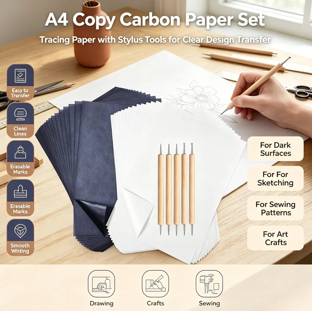 50 Sheets A4 Carbon Copy Transfer Paper, Reusable Graphite Tracing Paper for Painting Sewing Wood Fabric DIY Craft & Office Draw