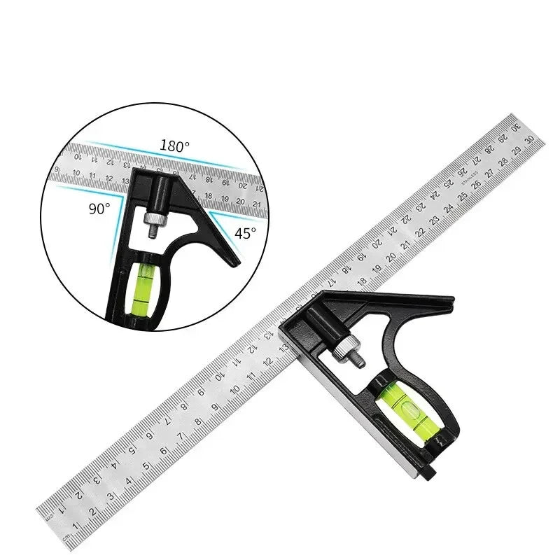 Woodworking Movable Combination Square 300mm Stainless Steel Ruler, Adjustable Horizontal Level, 45° Right Angle Measuring Gauge