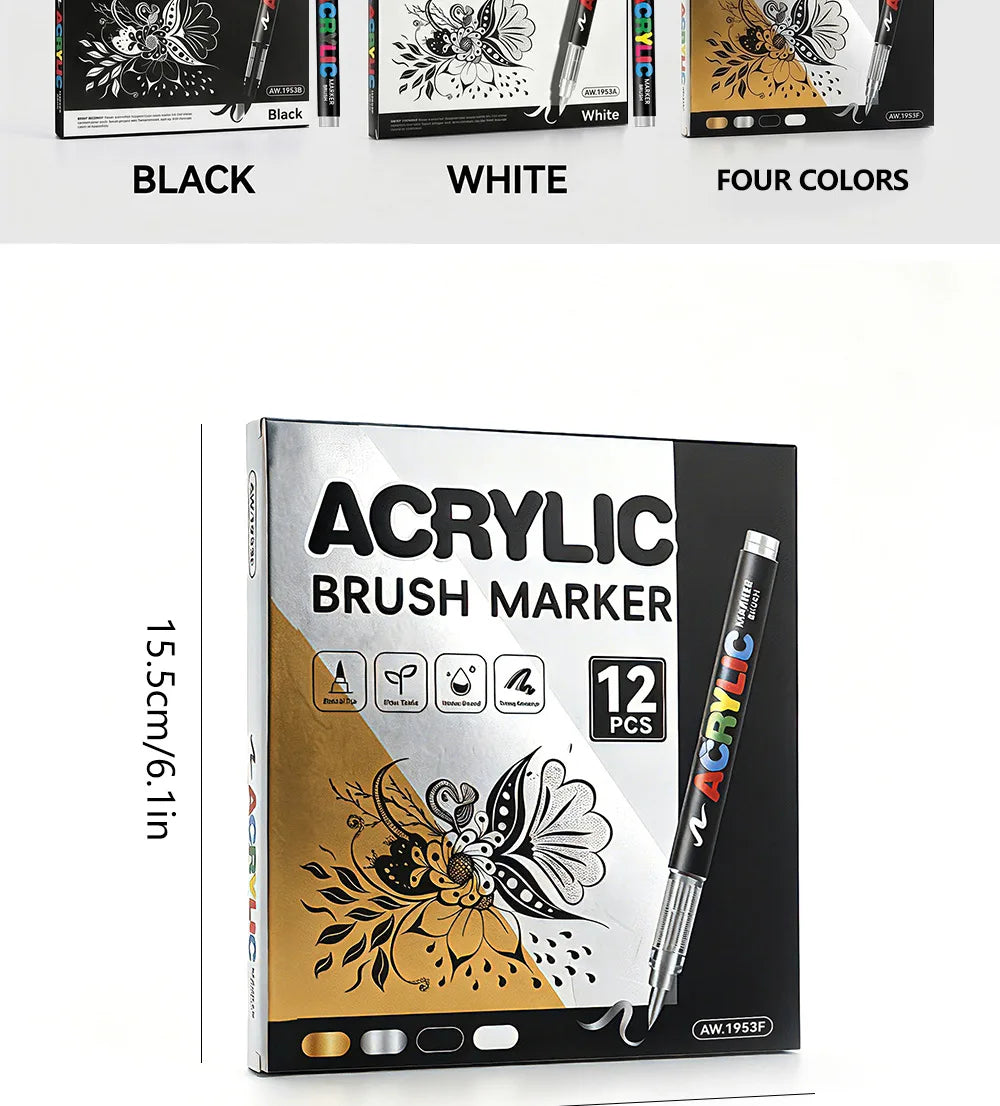 12 Pcs Black and White/Gold and Silver Acrylic Paint Markers Set, Large Ink Capacity, Skin Color Brush Markers Pen Art Supplies