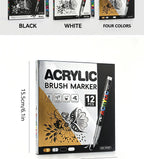 12 Pcs Black and White/Gold and Silver Acrylic Paint Markers Set, Large Ink Capacity, Skin Color Brush Markers Pen Art Supplies