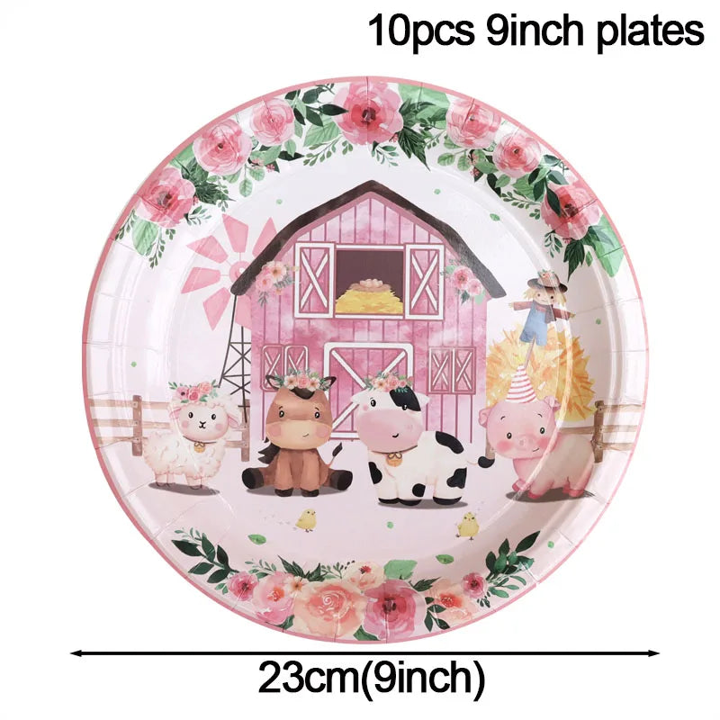 Pink Farm Animals Birthday Decor Disposable Tableware Set Paper Banner Floral Plates Baby Shower Girl Birthday Party Decorations