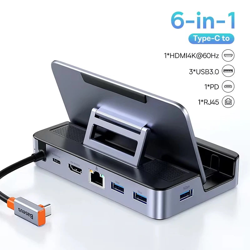 Baseus USB C Docking Station for Steam Deck Nintend Switch Game Type C to HDMI 4K@60Hz RJ45 PD 100W USB 3.0 6-in-1 Type C Hub