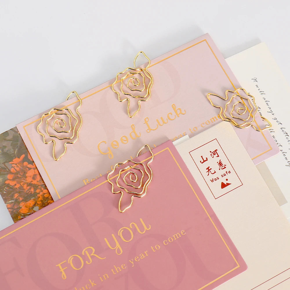 10pcs Gold Rose Flower Paper Clip Wholesale Metal Diy Flower Planner Stationery Supplies Bookmark Gift Shaped Paper Clips