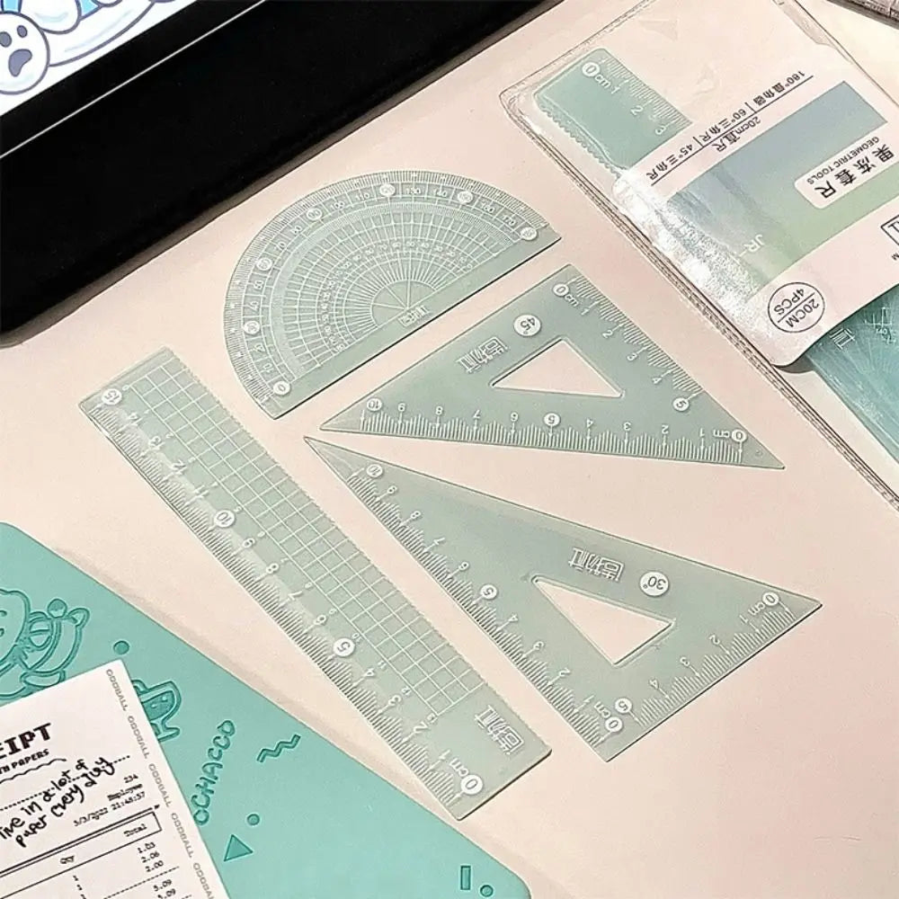 4PCS/Set 15/20CM Jelly Ruler Set Transparent Measuring Stationery Set Square Thickened Straight Ruler Student Gift