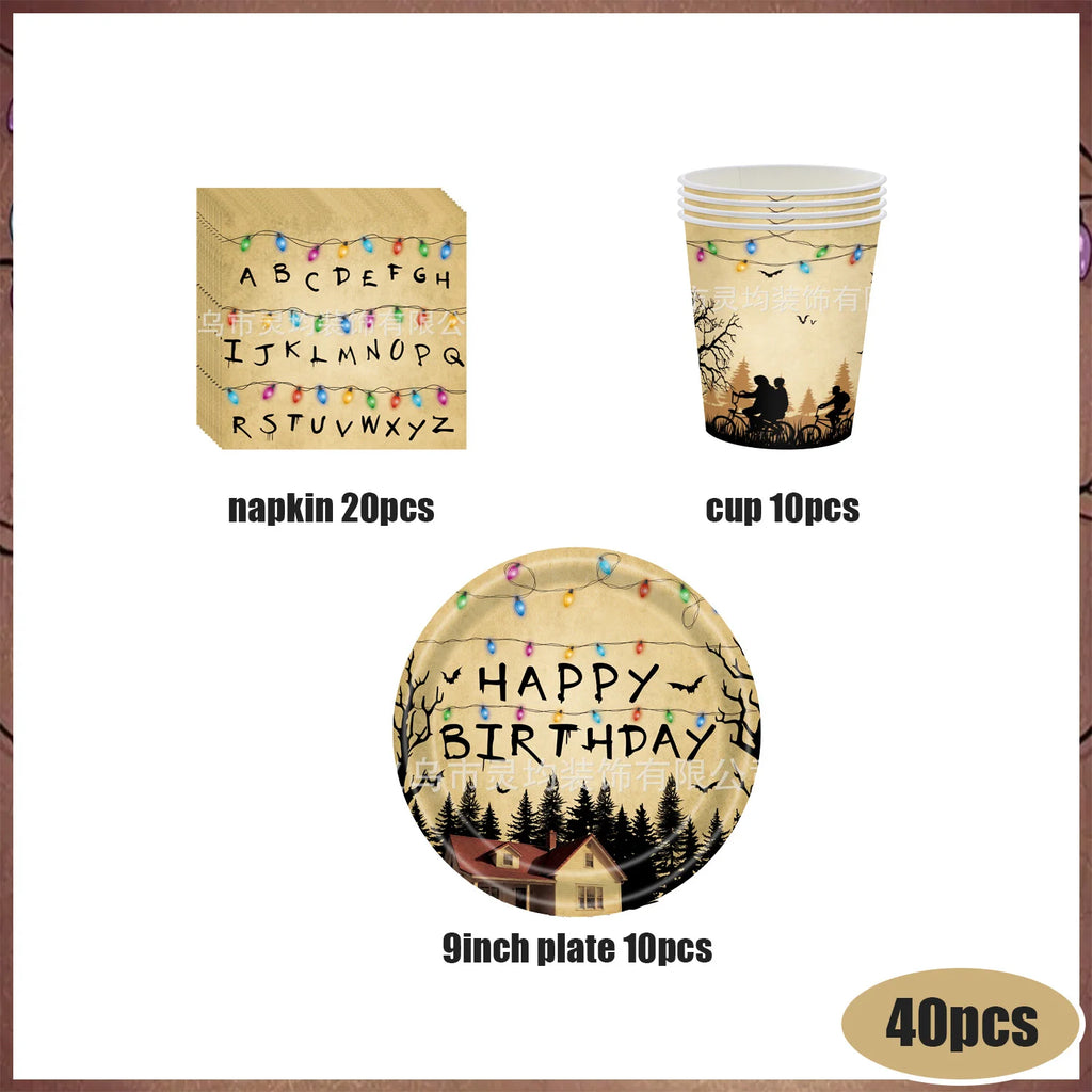 Stranger Theme Birthday Party Tableware Decoration American TV Paper Plate Napkin Banner Lights Alphabet Backdrops Kids Supplies