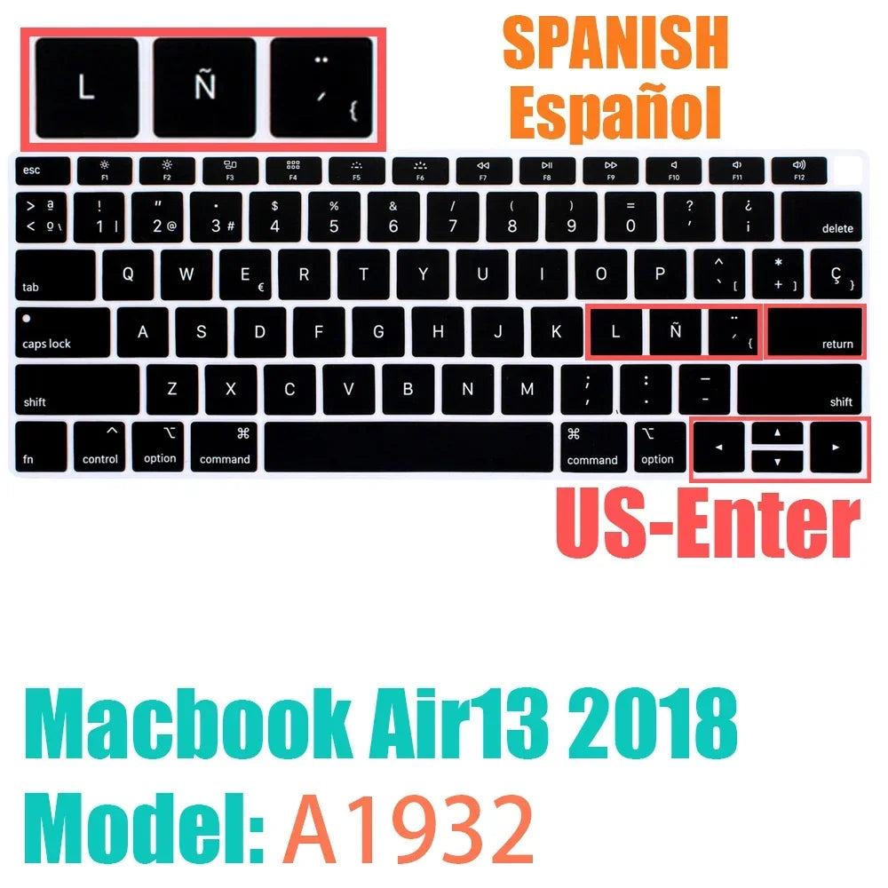 Keyboard Protective Film Silicone for 12-16' MacBook Air/Pro M1 M2 M3 Spanish Keyboard Cover Soft Protection Accessories Black