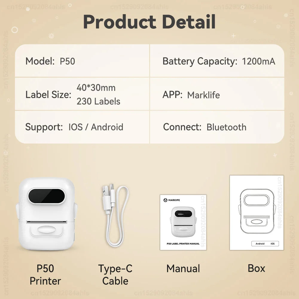 Portable Label Printer Marklife P50 Mini Printer Thermal Label Maker Self Adhesive Sticker Machine Similar as M110 M220 Printer