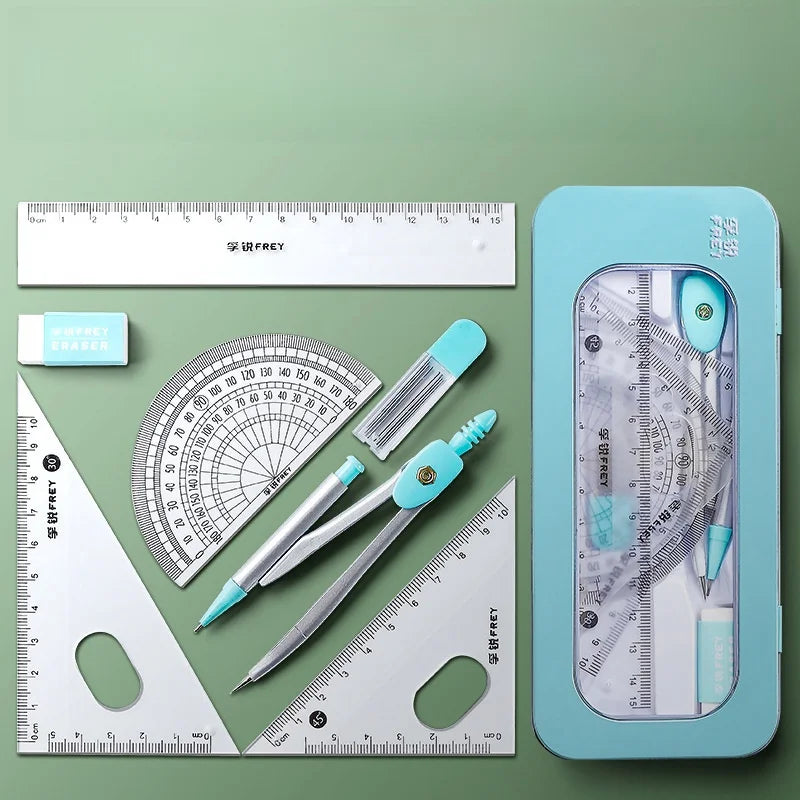 Fu Rui Compass Ruler Set Iron Box Rubber Lead Core Triangle Plate Protractor 7-Piece Set Student Mathematics