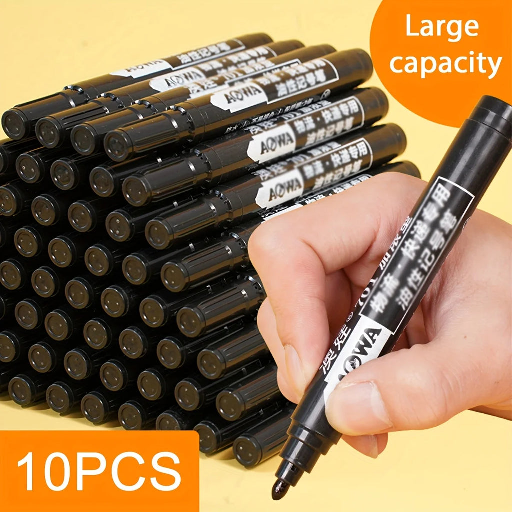 10/50pcs Black Waterproof Markers, Large Capacity Oil-Based Non-Fading Thick Tip Suitable for Logistics Multi-Purpose Use