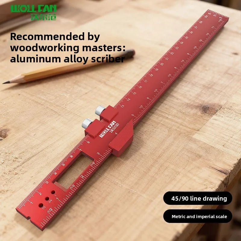 Precision Pocket T-Type Scribing Ruler with Slide Stop Inch & Metric Carpentry Square T-Track Measuring Marking Tool