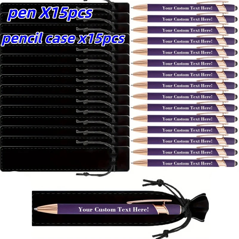 15Sets Customizable Engraved Metal Ballpoint Pens with Durable Case + 15pcs Custom Pen Bags - Bulk Writing Utensils for Business