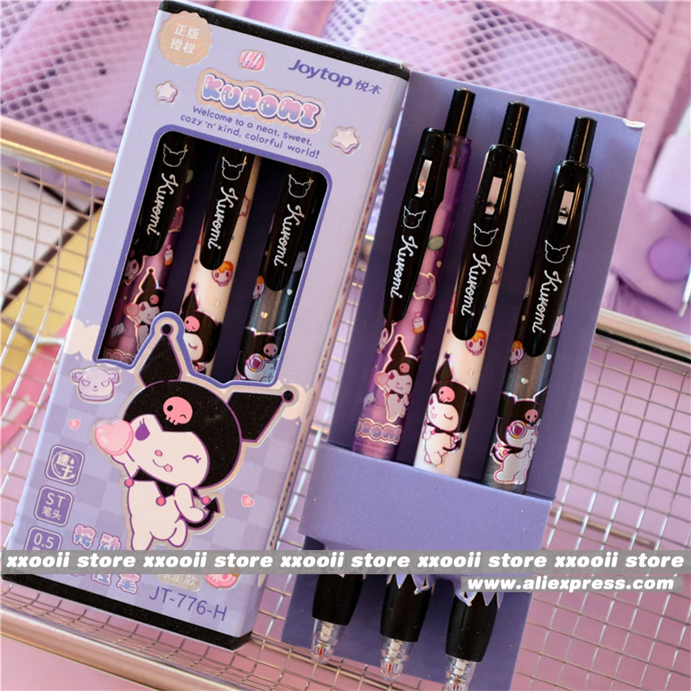 Genuine 3Pcs Kawaii Sanrio 0.5mm Gel Pens Cute Hello Kitty Cinnamoroll Kuromi Black Pen School Student Stationery Supplies Gifts