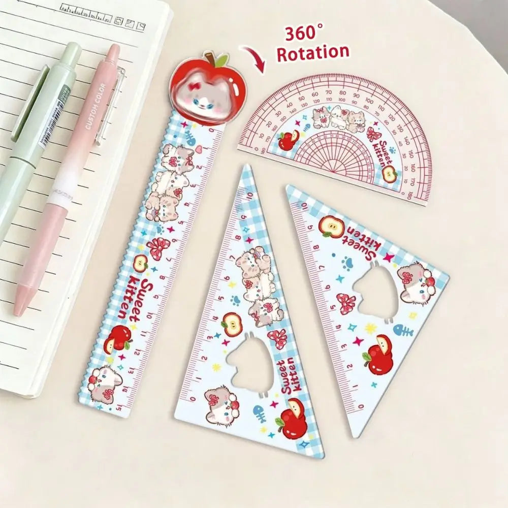 4pcs New Acrylic Ruler Set Red Kitten/Green Puppy Measurement Drawing Stationery Straight Ruler Set Square School Office