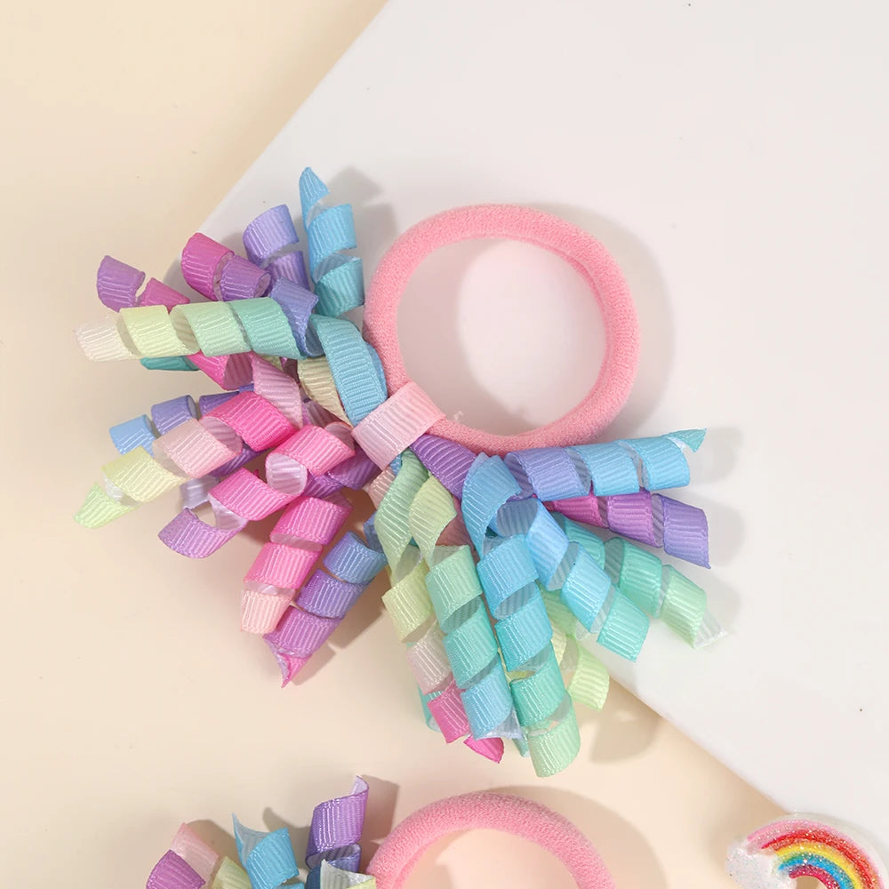 2Pcs Trendy Firework Hair Ties Rainbow Curly Ribbon Elastic Rubber Bands For Girls Kids Cute Hair Ropes Daily Hair Accessories