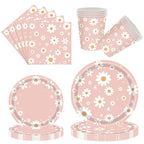 24pcs 7/9inch Pink Daisy Theme Disposable Tableware Flower Plate Napkin Banner Birthday Party Baby Shower Wedding Decor