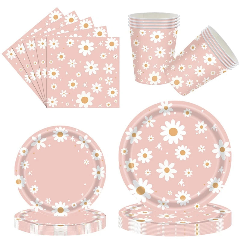 24pcs 7/9inch Pink Daisy Theme Disposable Tableware Flower Plate Napkin Banner Birthday Party Baby Shower Wedding Decor