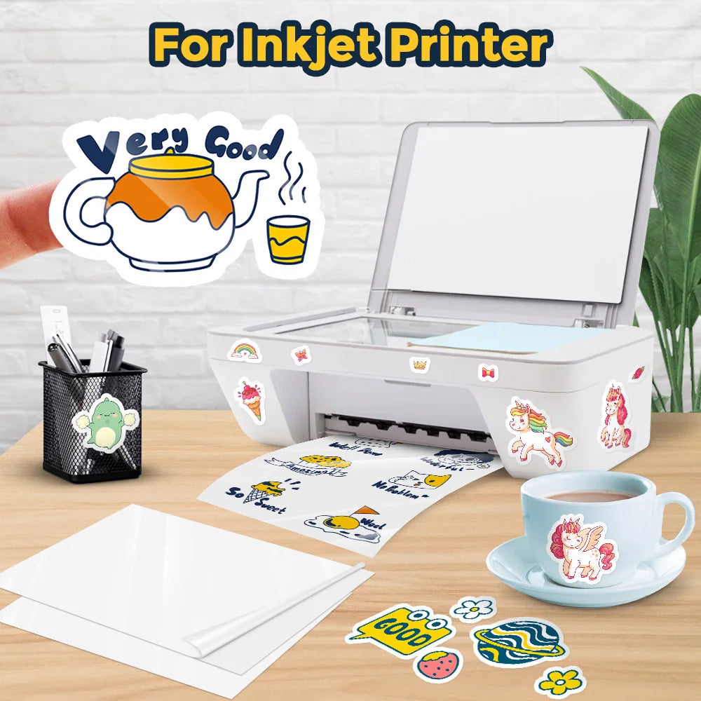 50 Sheets A4 Transparent Printable Vinyl Sticker Paper Glossy White Self-Adheisve Copy Paper for Inkjet Printer DIY Crafts Tapes