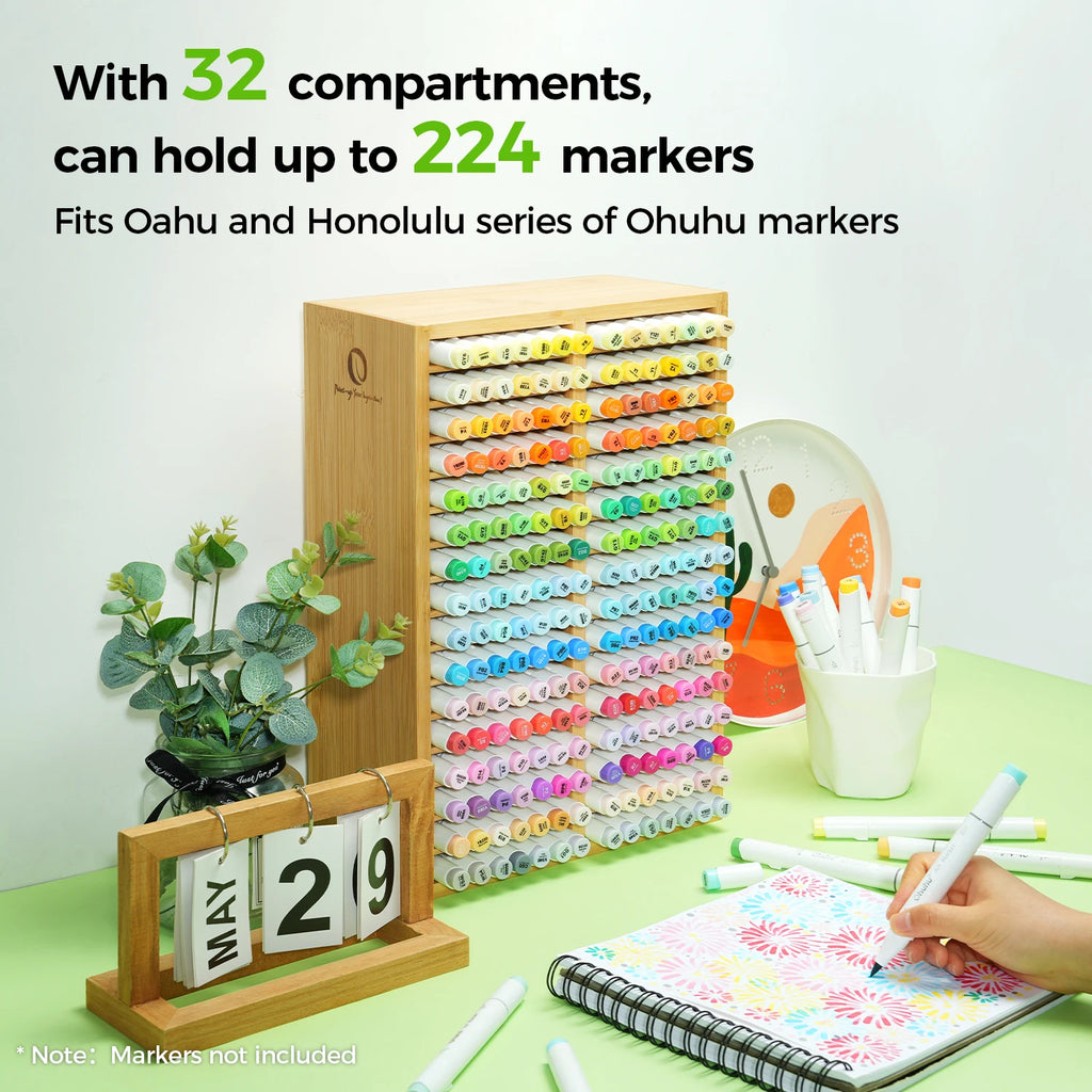 Ohuhu Bamboo Marker Organizer Wooden Desktop Storage Hold 126 Markers Pens Pencils Art Brushes Stationary Organizer Pen Holder