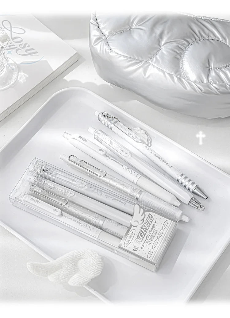 4pcs/set Pearl Angel Gel Pen Set Cute Exam Pens with Wing Design Kawaii Cartoon 0.5mm Black Ink for Kids Back To School Student
